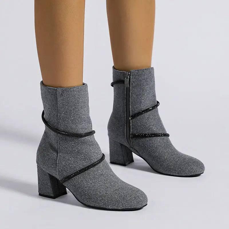 Chunky Mid Heel Boots With Rhinestone Chain Design Shoes For-6