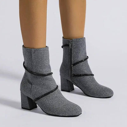 Chunky Mid Heel Boots With Rhinestone Chain Design Shoes For-6