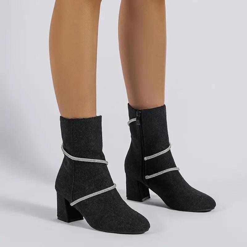 Chunky Mid Heel Boots With Rhinestone Chain Design Shoes For-7