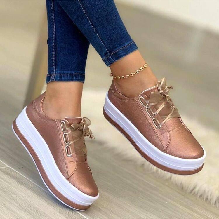 Fashion Flats Sneakers Women Ribbon Lace-up Platform Shoes-Black-4