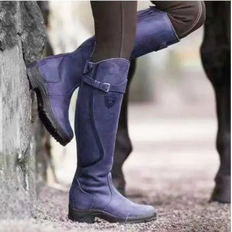 Riding Western Boots Winter Knee High Block Heel Round Toe-Black-4