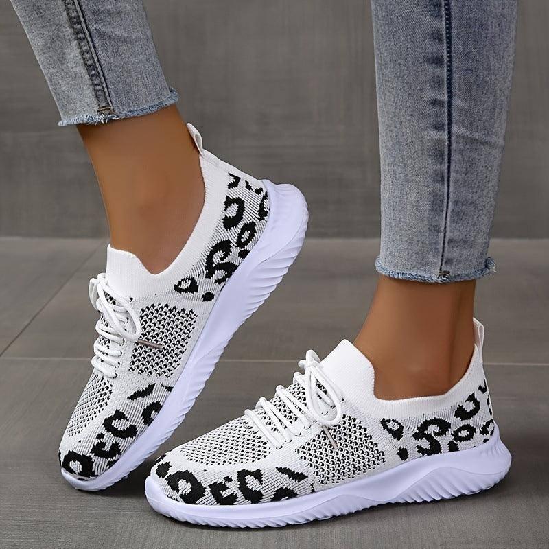 White Shoes Women Leopard Print Lace-up Sneakers Sports-9