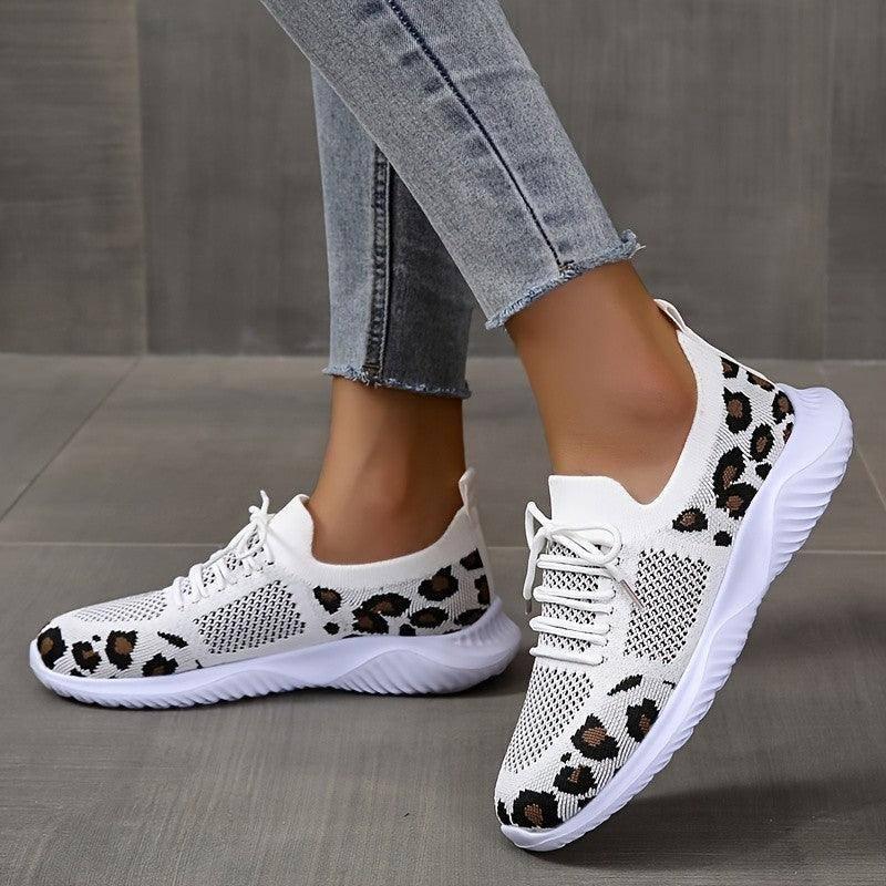 White Shoes Women Leopard Print Lace-up Sneakers Sports-10
