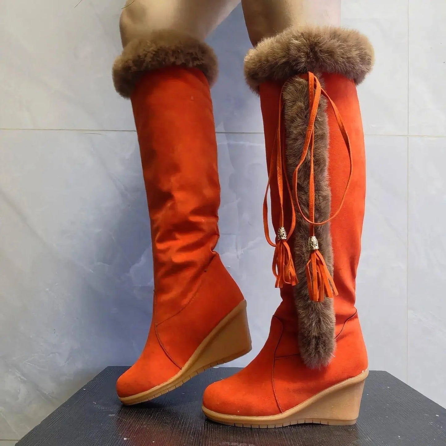 Winter Plush Long Boots For Women Combat Boots Wedges Shoes-4