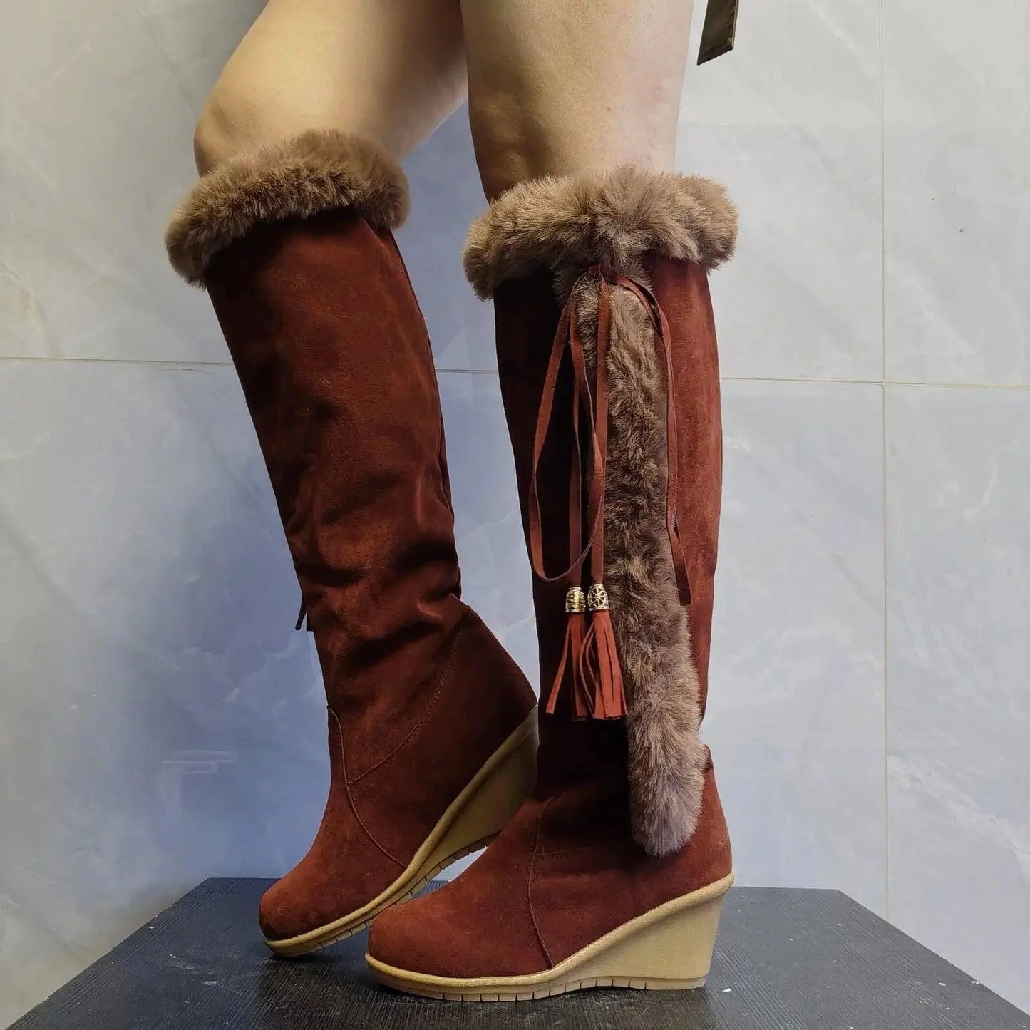 Winter Plush Long Boots For Women Combat Boots Wedges Shoes-5